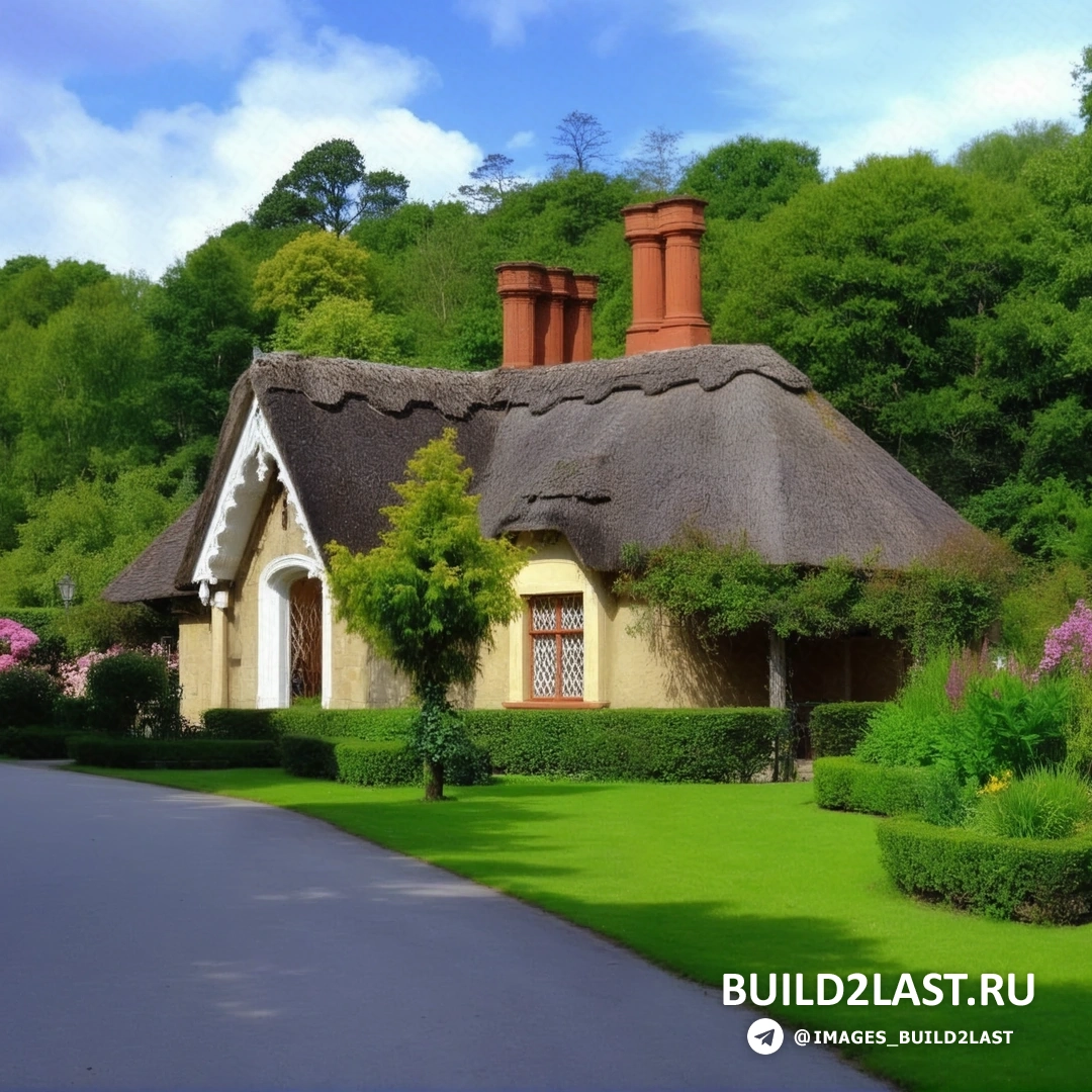 Белый загородный дом с травяной крышей и ухоженным ландшафтным дизайном на фоне зелени, Великобритания