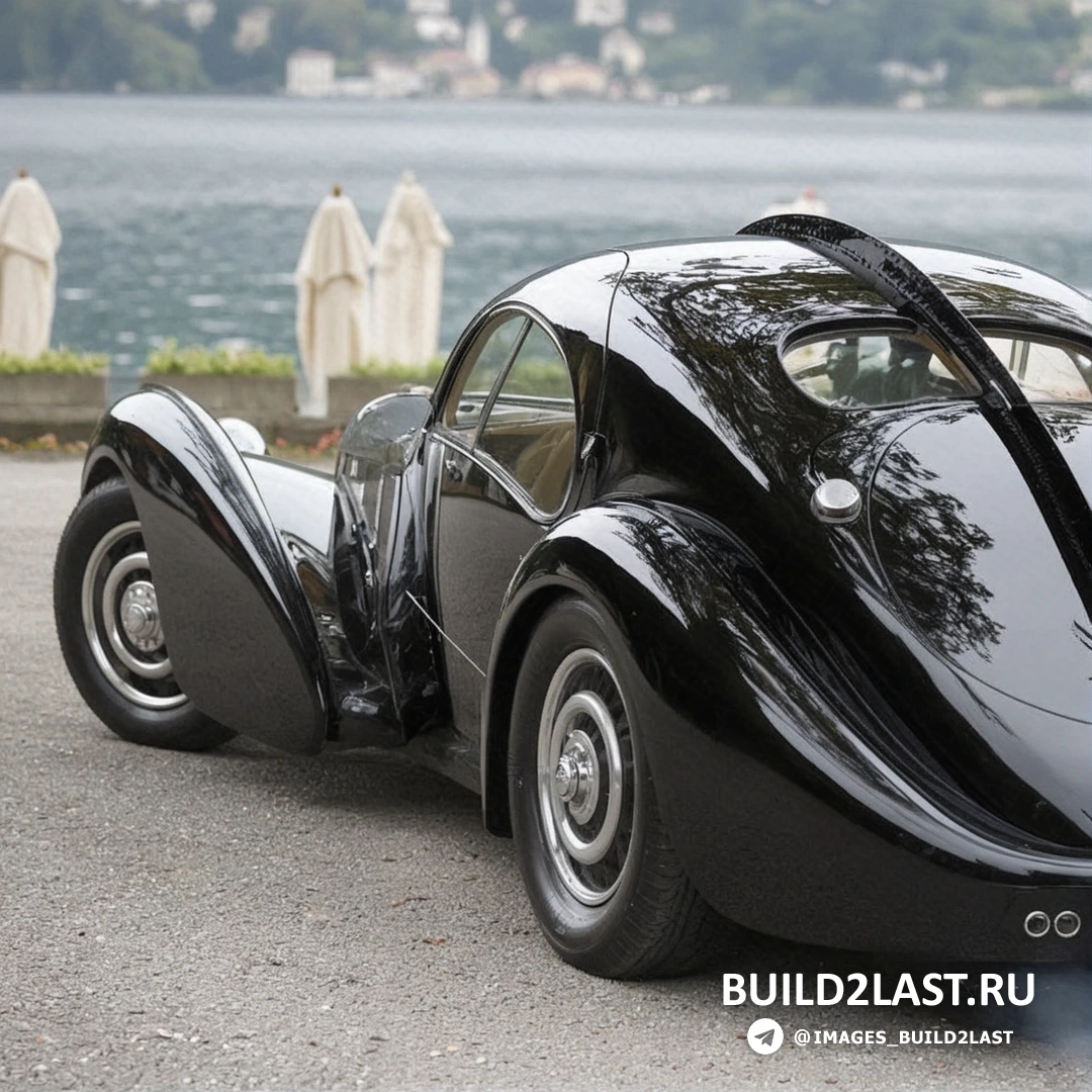 Черный Bugatti Type 57SC Atlantic на фоне городского пейзажа