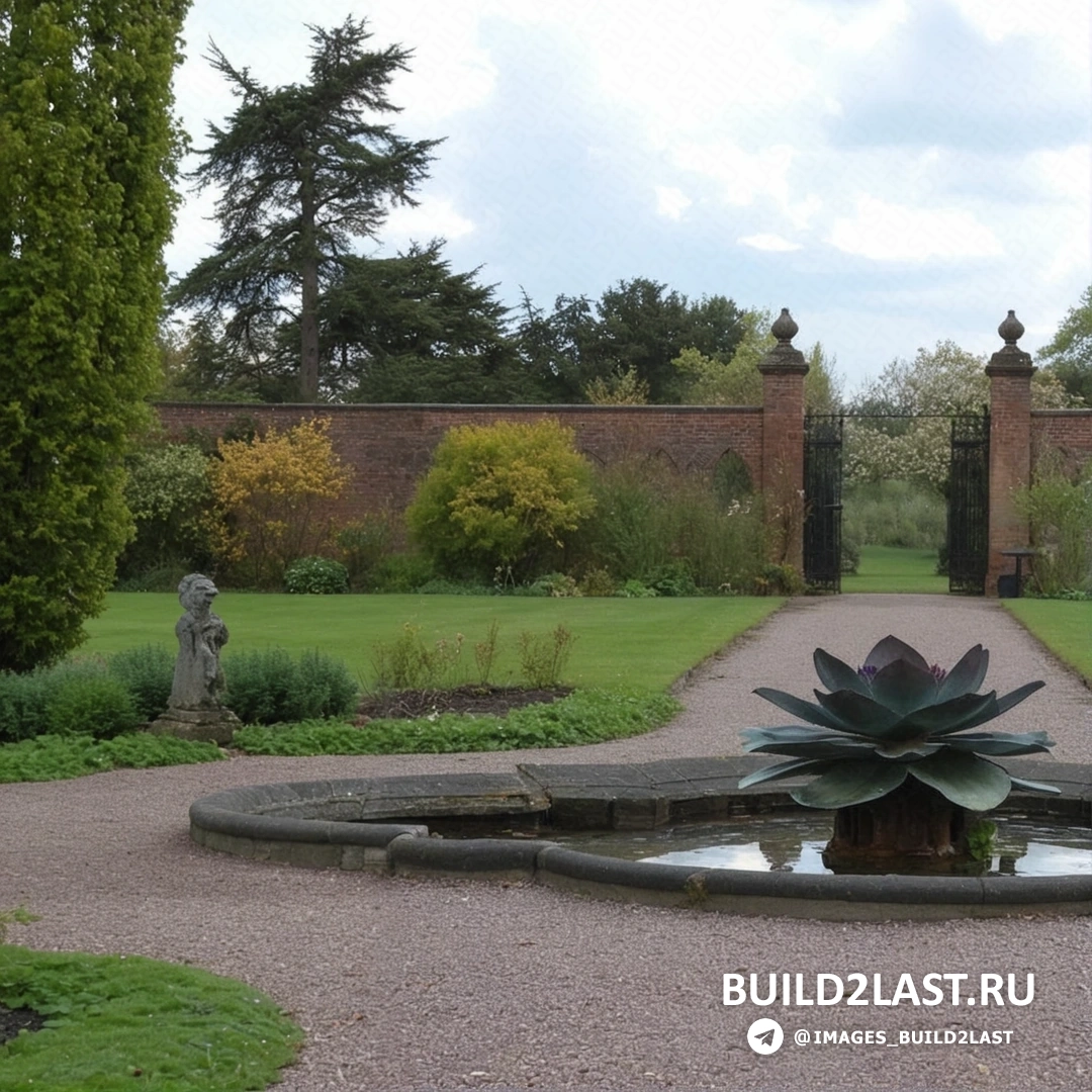 Декоративный фонтан в центре сада с цветами вокруг
