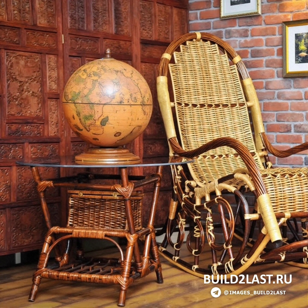 Элегантная зона отдыха с плетеными стульями и журнальным столиком.