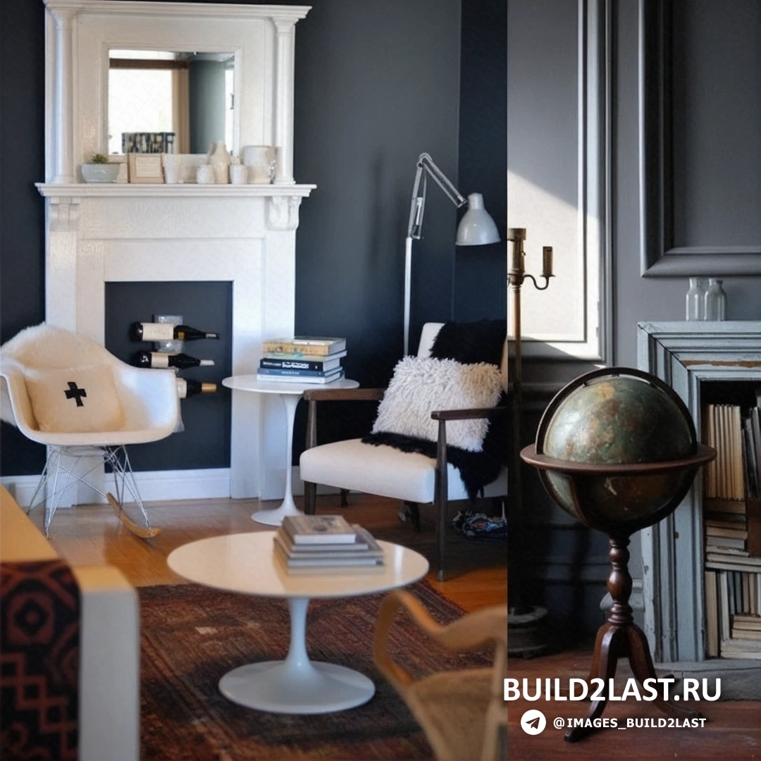 Фальш-камин в гостиной с красными и черными акцентами, элегантное сочетание с модерновыми светильниками и вазами