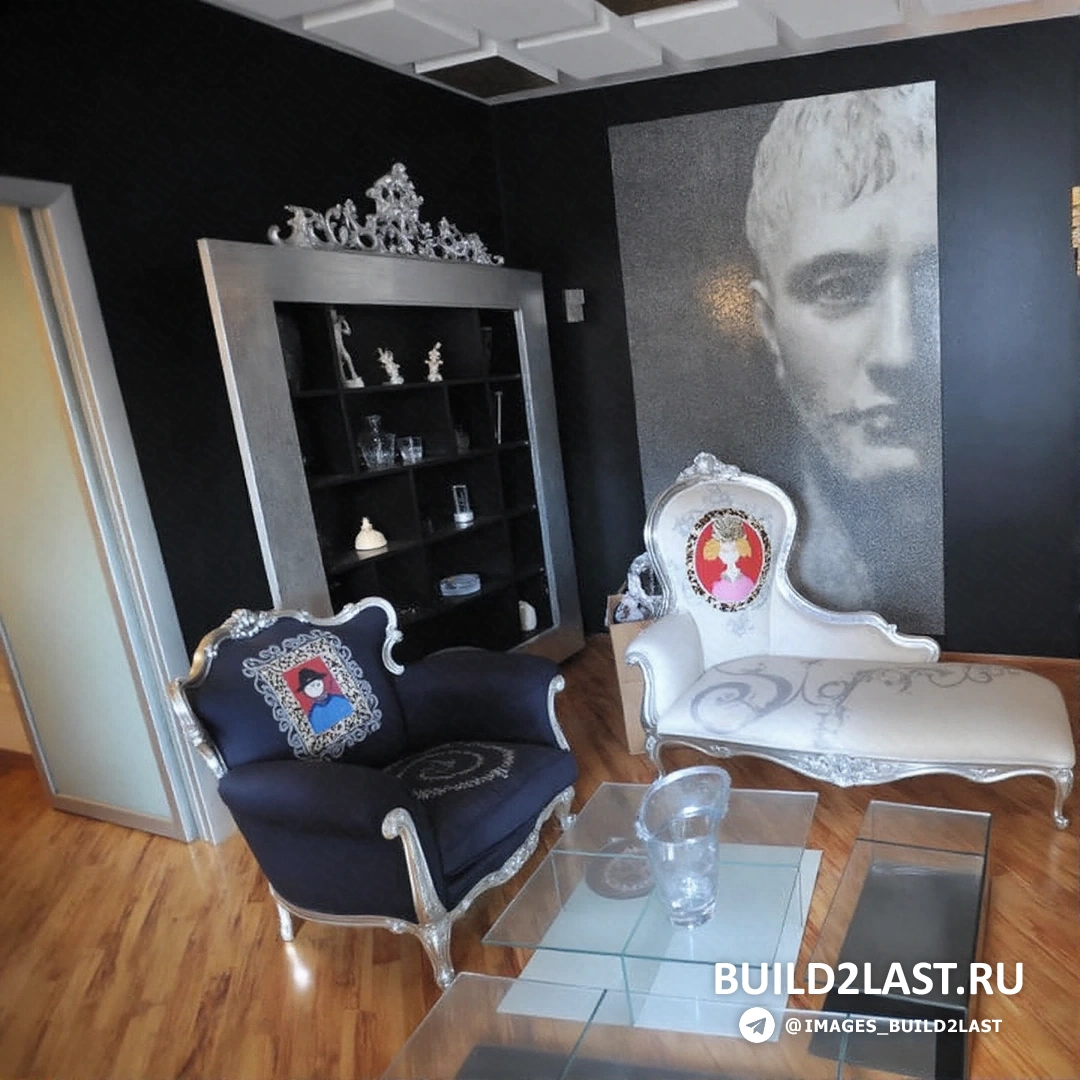 Гостиная с диваном и стеклянными дверями, оформленная в стиле китч с яркими обоями и декоративными подушками