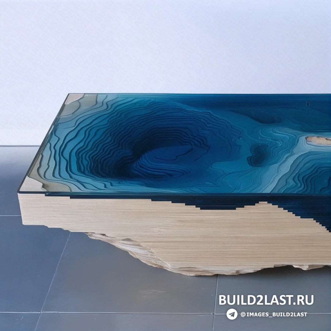 Иллюстрация стола "Бездна" с голубыми оттенками и светлым деревом, выполненная в авангардном стиле.