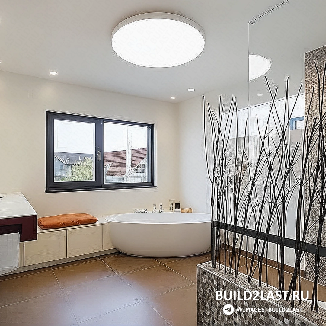 Интерьер кухни-гостиной с барной стойкой, панорамным остеклением, серыми и голубыми оттенками. Мебель и декоративные элементы создают стильный и функциональный пространство.