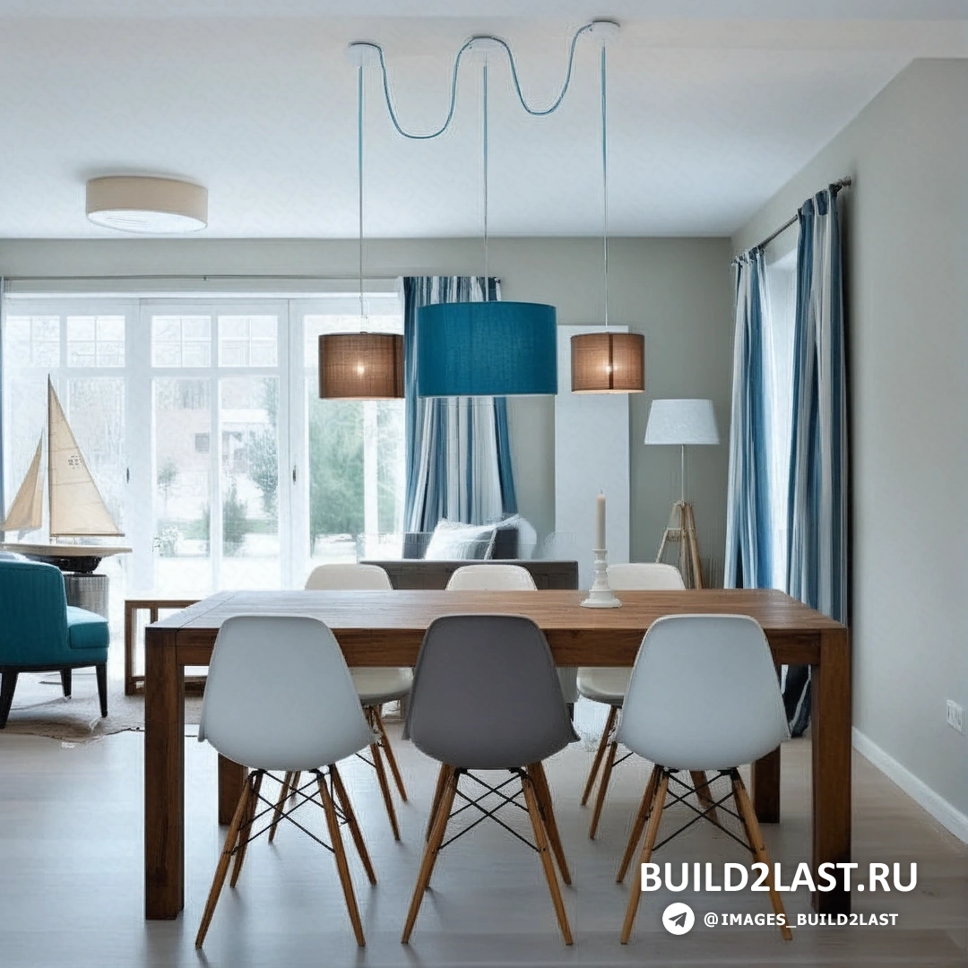 Лестница в коридоре с декоративными покрытиями и морскими акцентами, выполненная в синих, серых и белых тонах.