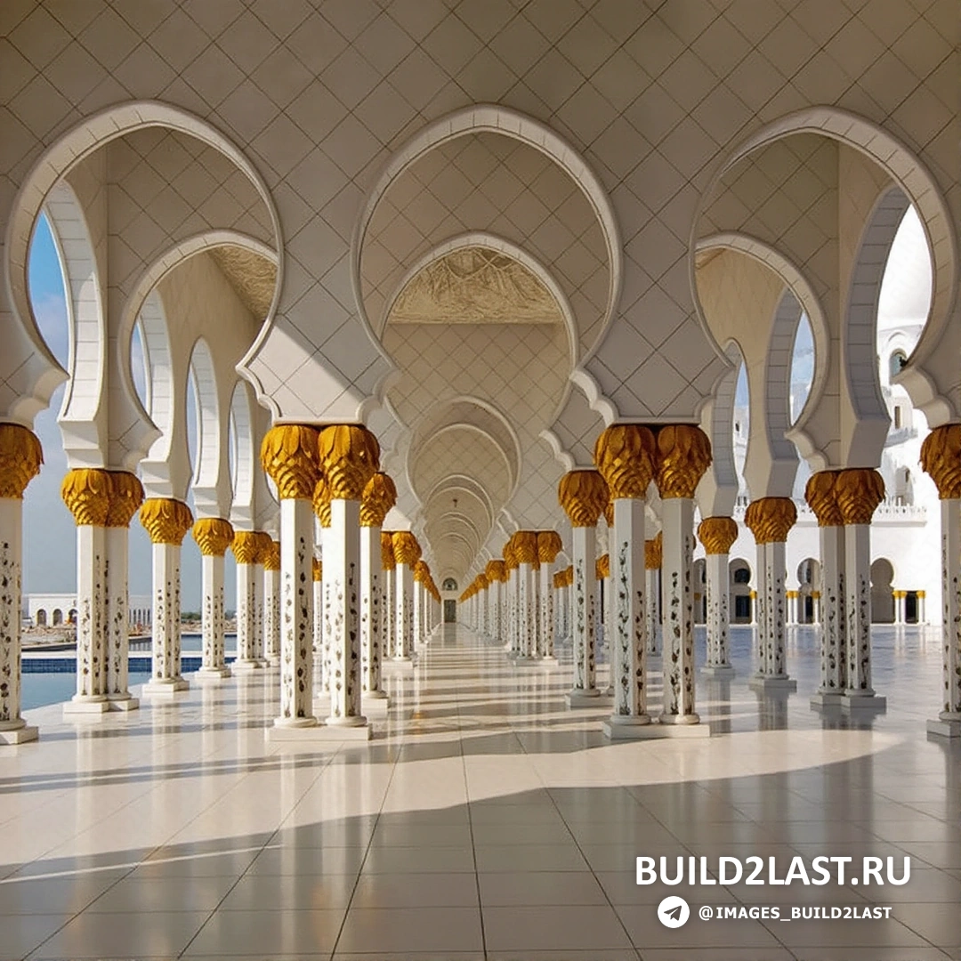 Мечеть шейха Зайда с белым мрамором, золотистыми акцентами и арабскими, мавританскими мотивами