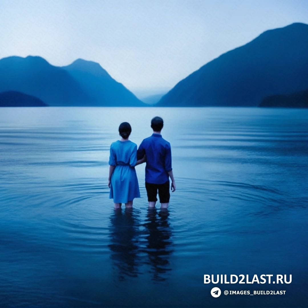 Необычная сцена, где человек с лицом, выполненным из геометрических фигур, смотрит на отражение в воде