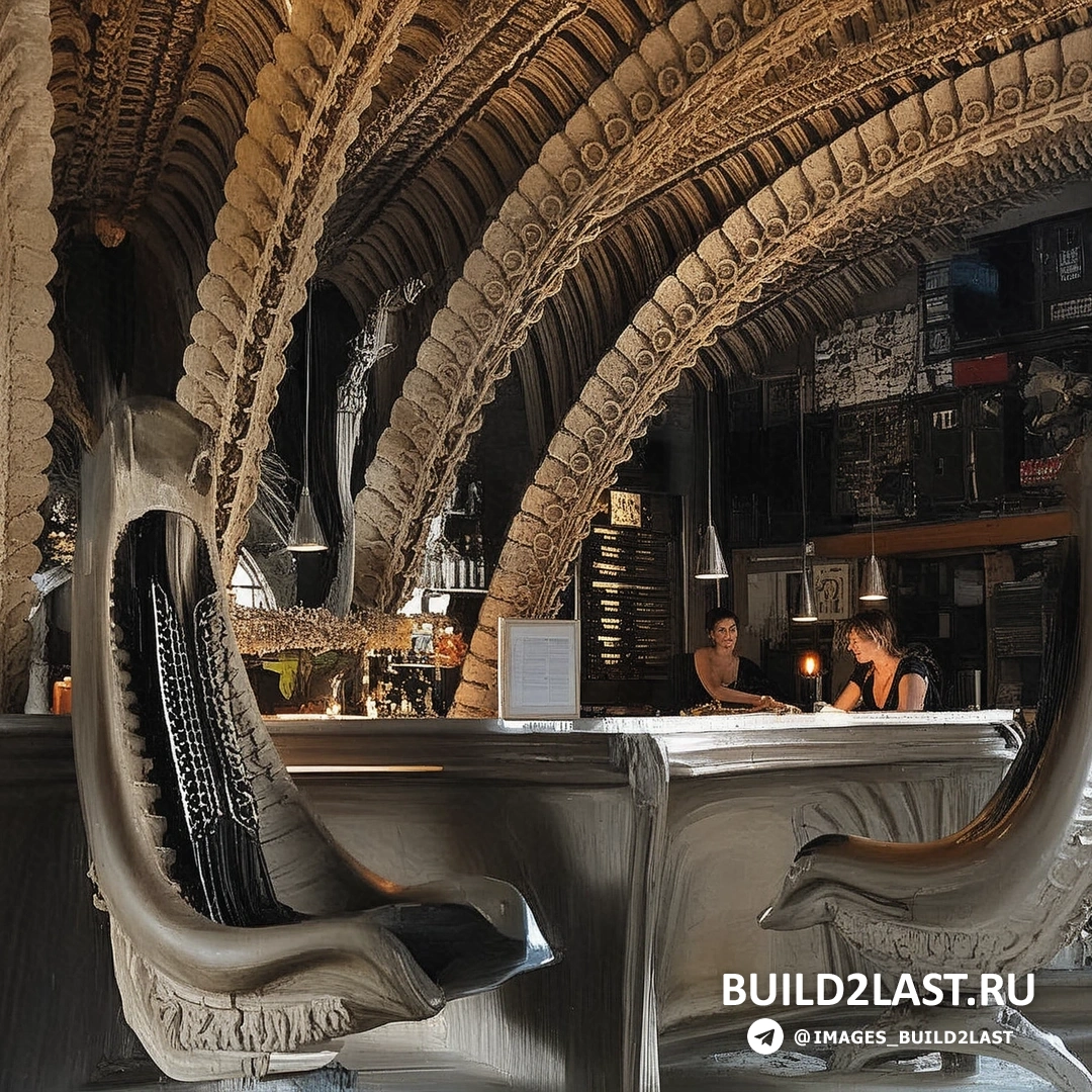 Пространство, где стены и потолок выполнены в стиле биомеханики, с темными и мрачными оттенками.