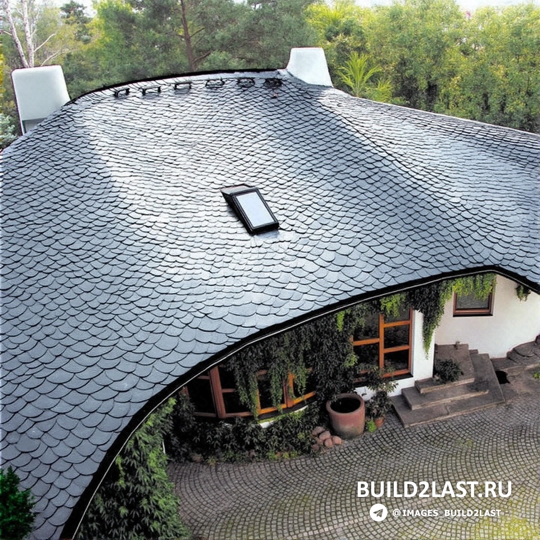 Сланцевая крыша на вилле с серым оттенком и тротуарной плиткой.