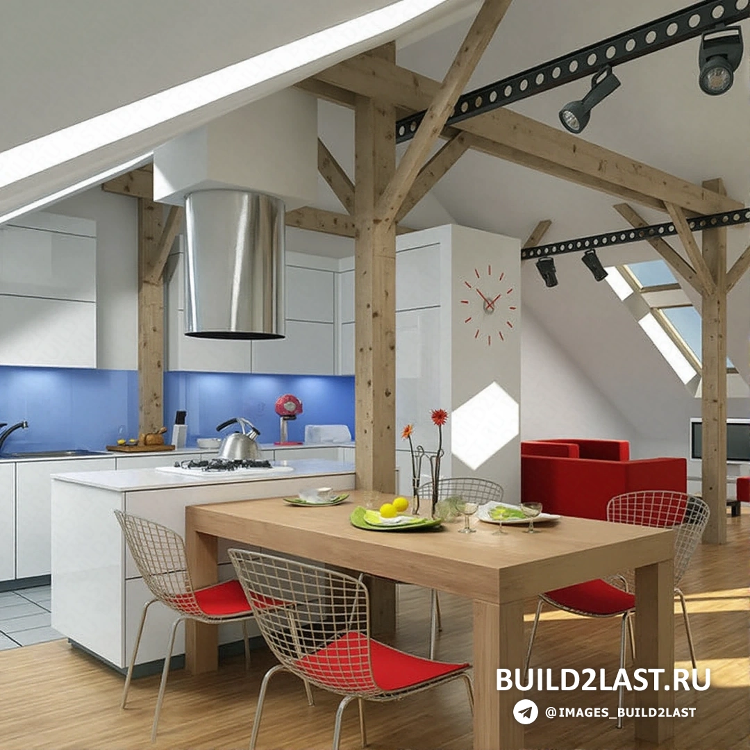 Современная гостиная на мансарде с бежевыми оттенками и балками