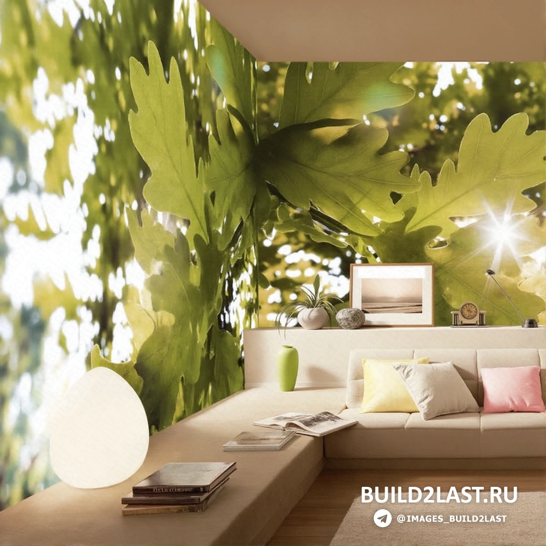 Современная гостиная с серыми и бежевыми тонами, фотообоями, люстрами и стильными мебелью.