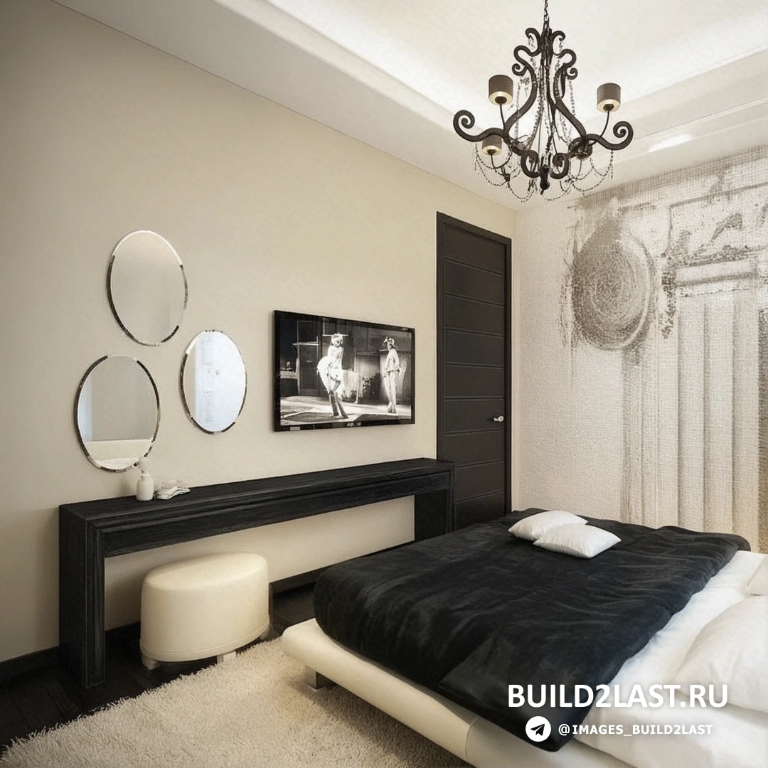 Современная люстра с точечным освещением и зеркалами в спальне, стилизованной под модерн