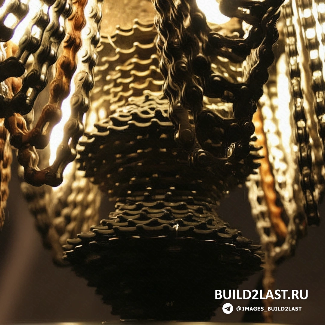 Современная люстра, выполненная из переработанных велосипедных цепей, висит над обеденным столом