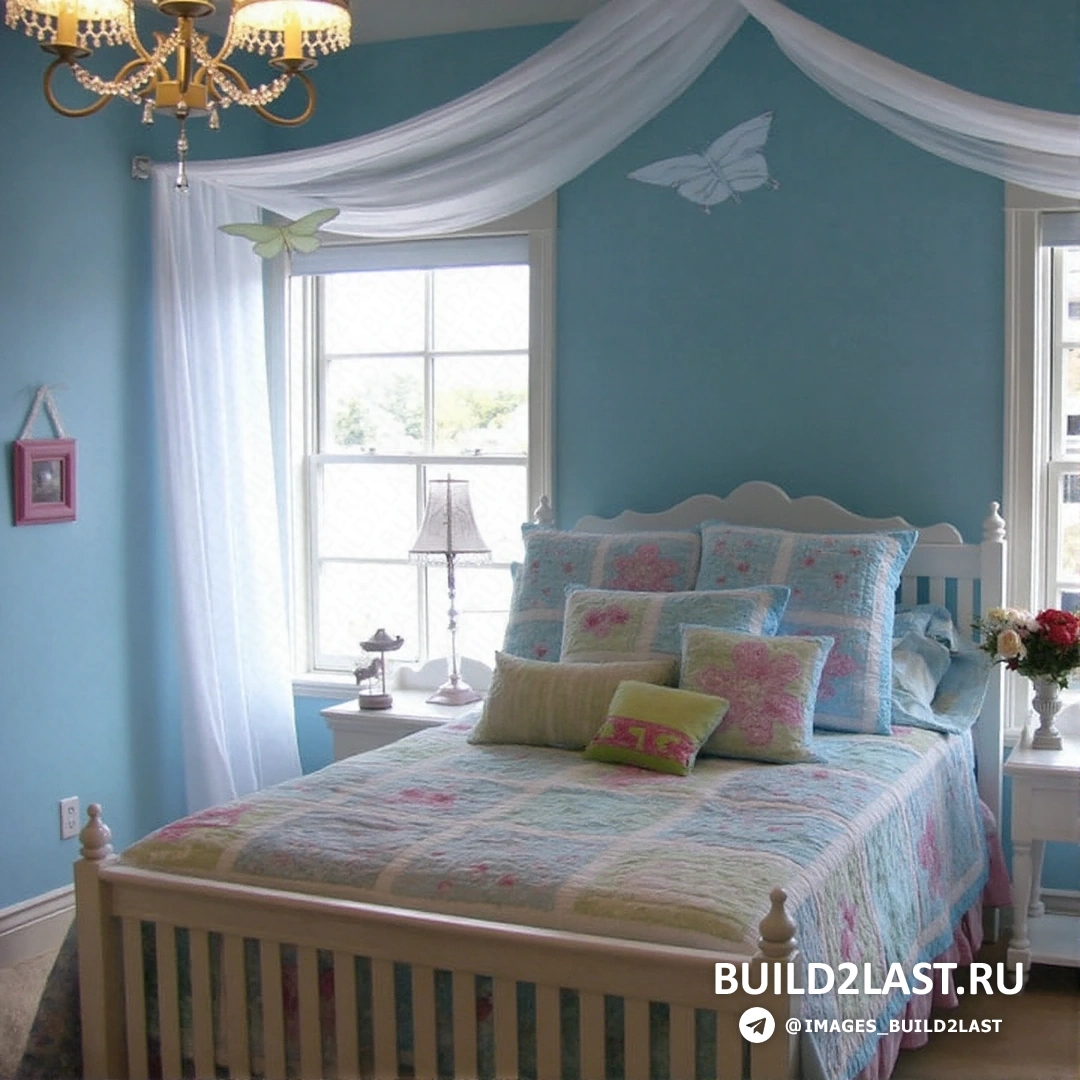 Современный интерьер для комнаты девочки-подростка с яркими акцентами на стенах и уютной кроватью