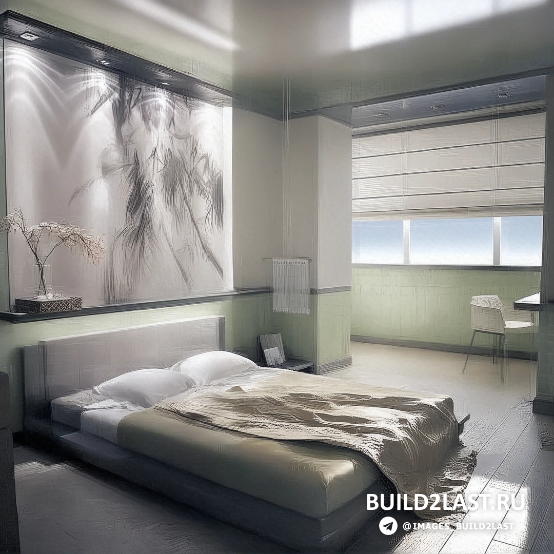 Спальня с лоджией в модерне, оформленная в светлых тонах и с яркими тканевыми акцентами.