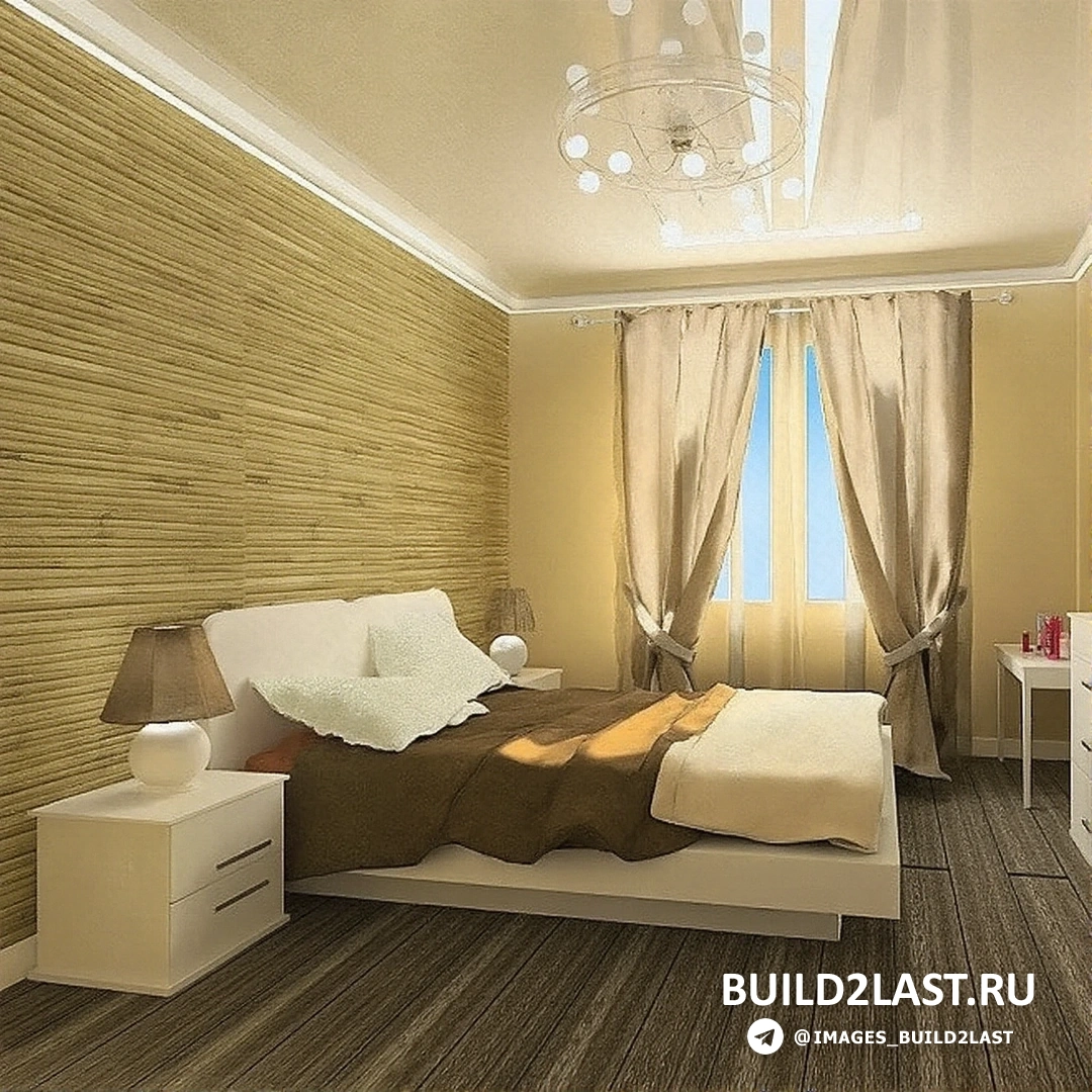 Стена с деревянными панелями и мягким освещением в спальне в эко-стиле