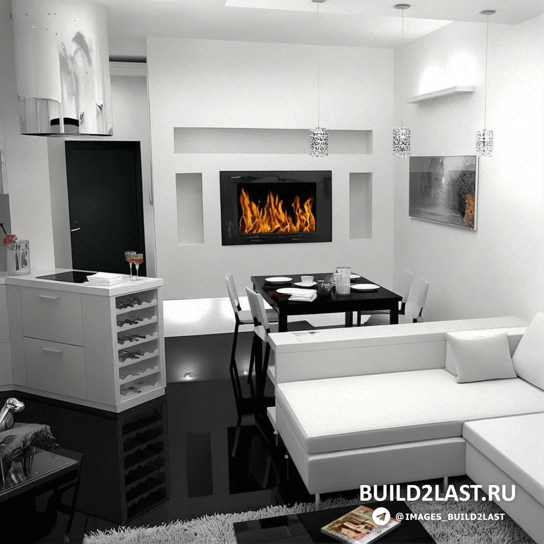 Студия с диваном, пуфом, стульями и столом, украшенная вазы и натяжными потолками.