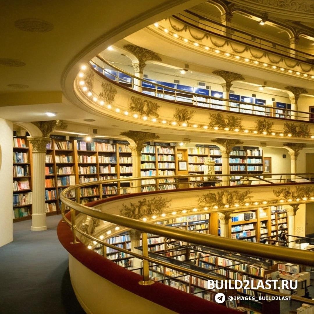 Точечное освещение и полки для книг, торговый зал в книжном магазине El Ateneo, Буэнос-Айрес, Аргентина.