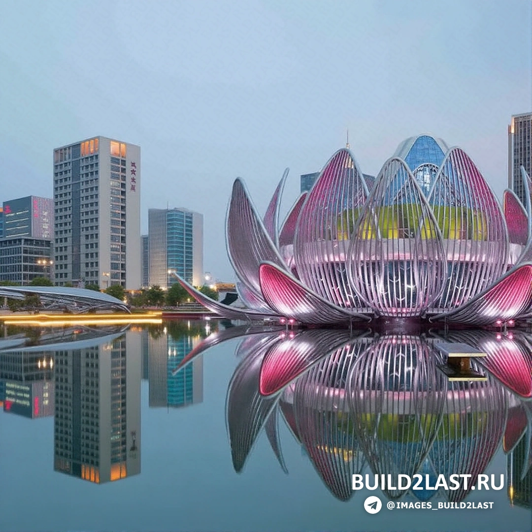 Удивительное архитектурное творение Лотос Чанчжоу, сочетающее био-технологии и современный дизайн на фоне голубого озера и розовых оттенков.