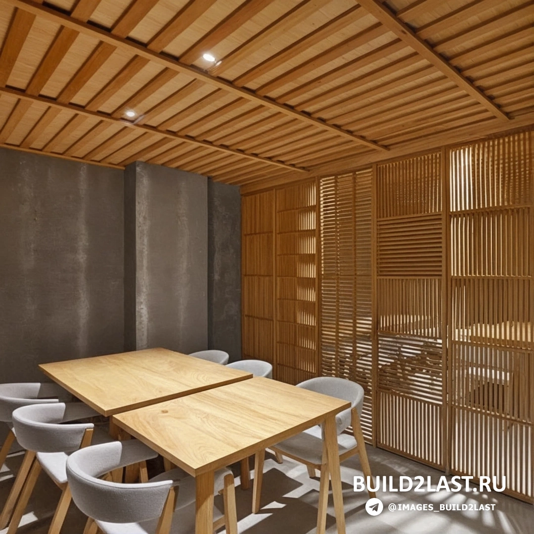 Японский стиль в интерьере суши-бара с бетонными стенами, точечным освещением, серыми стульями, реечным потолком и светлым деревом