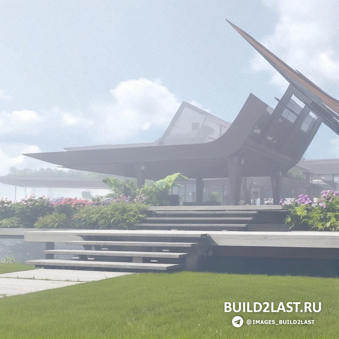 Южнокорейский архитектурный павильон с авангардными и азиатскими чертами, голубым и белым цветом.